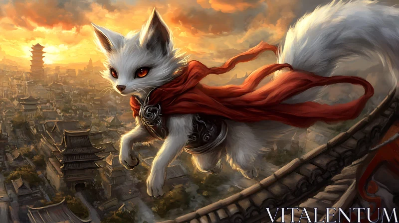 Sunset Guardian: The Leaping Fox of the City AI Image