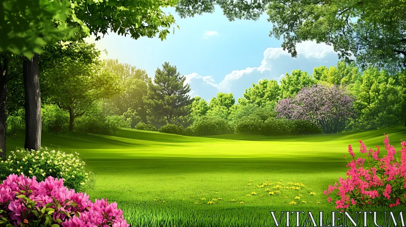 AI ART Picturesque Green Meadow with Trees and Flowers