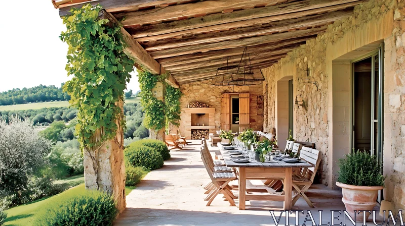 AI ART Rustic Stone House with Outdoor Dining Space