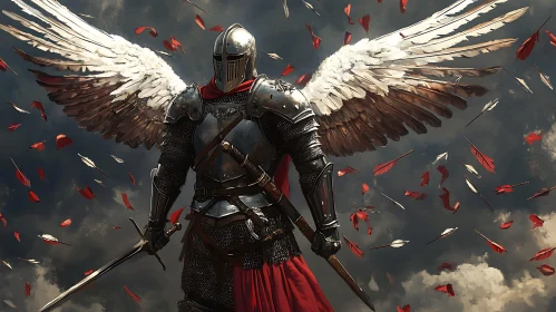 Armored Knight with Wings Amidst Falling Arrows