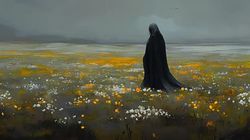 Black Figure in a Flower Meadow