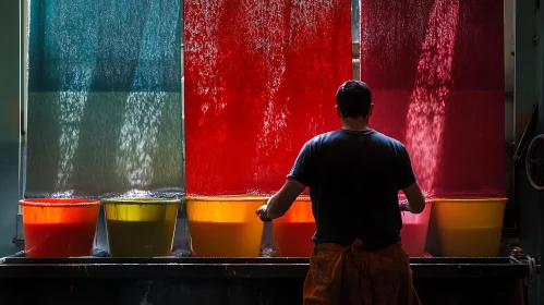 Man Dyeing Colorful Fabrics