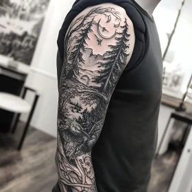 Mystical Forest Tattoo with Crescent Moon and Bird