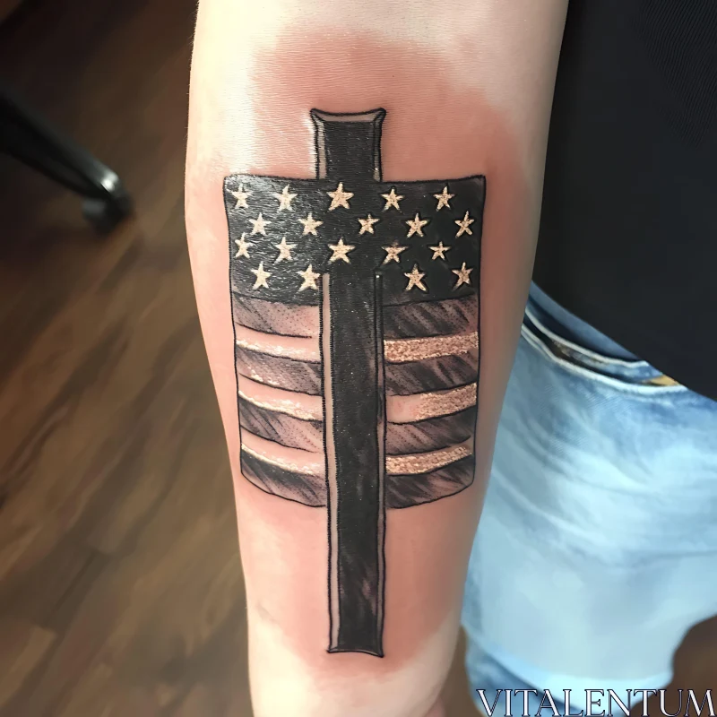 Forearm Tattoo with American Flag and Cross Design AI Image