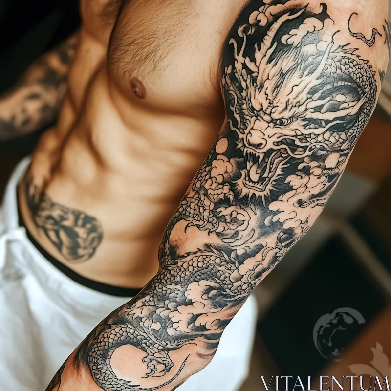 Exquisite Black and Gray Dragon Tattoo Sleeve AI Image