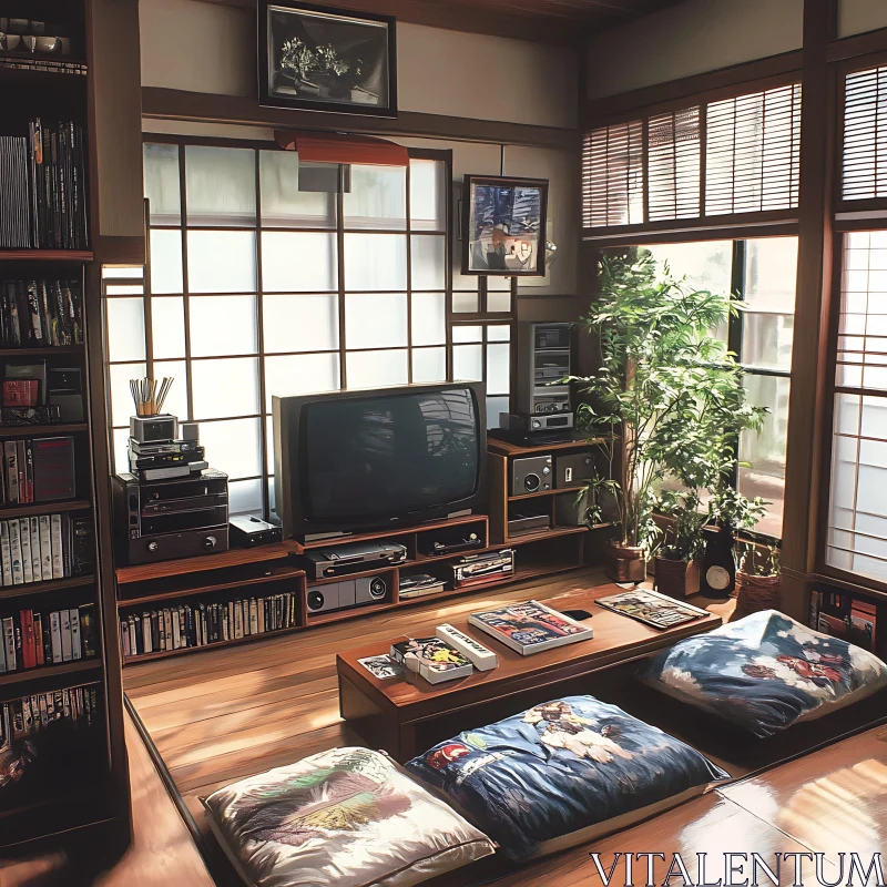 Serene Japanese Room with Vintage TV AI Image