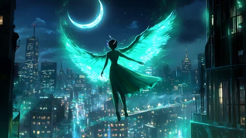 Winged Guardian Over the City at Night