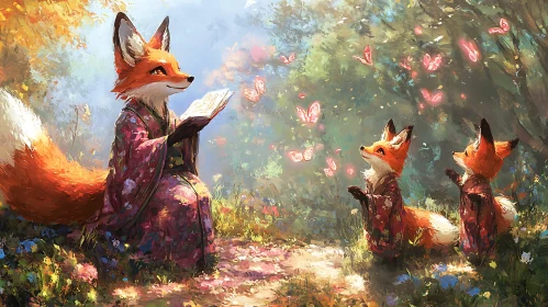 Foxes in Kimonos with Butterflies