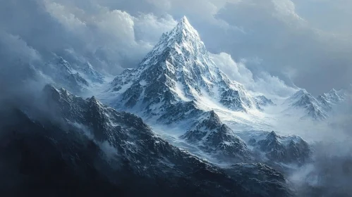 Snowy Mountain Peak in a Misty Landscape