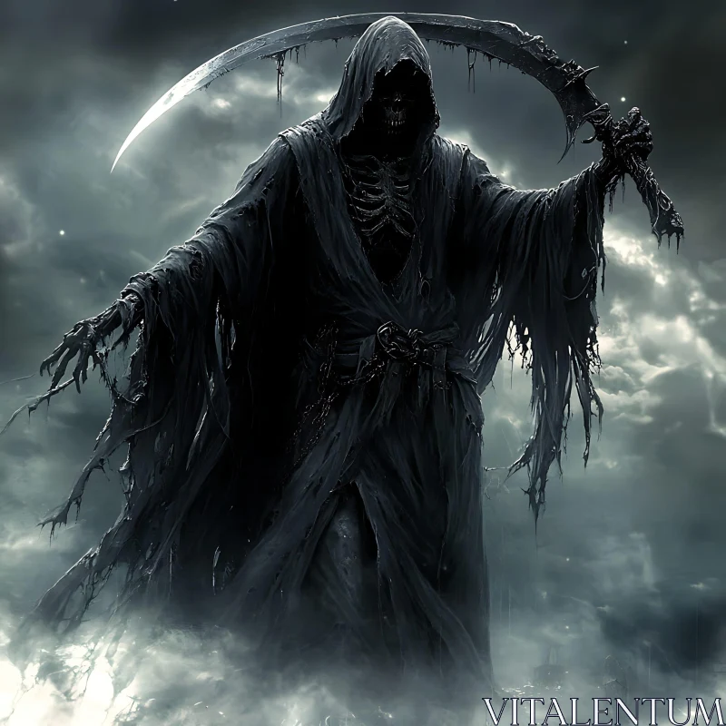 AI ART Spectral Grim Reaper in Misty Landscape