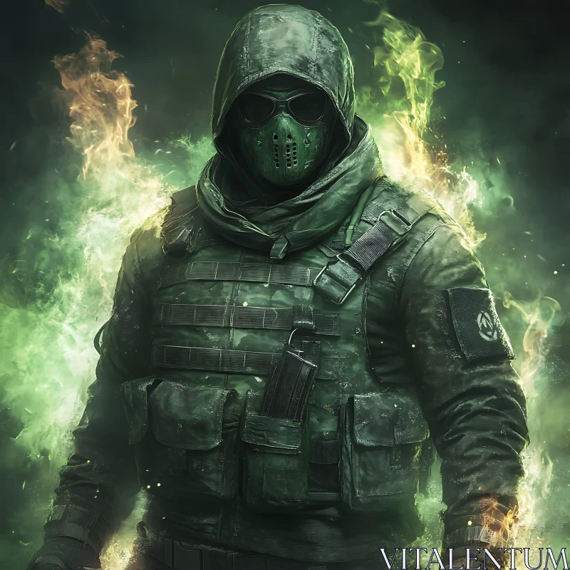 AI ART Hooded Tactical Figure Surrounded by Fire