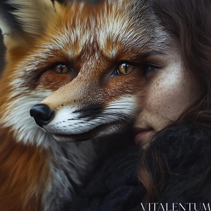 Intimate Portrait: Woman Embracing Fox AI Image