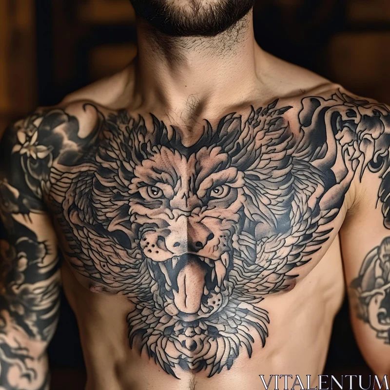 Fierce Lion Chest Tattoo Art AI Image