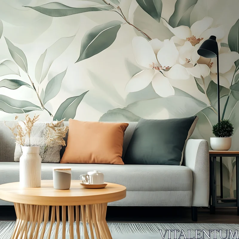 Cozy Interior with Floral Wallpaper AI Image