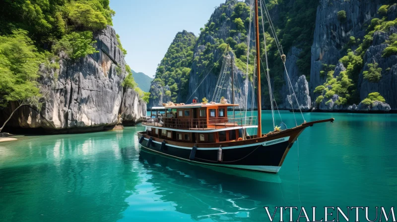 Captivating Serenity: Boat Floating near Rocky Shore AI Image