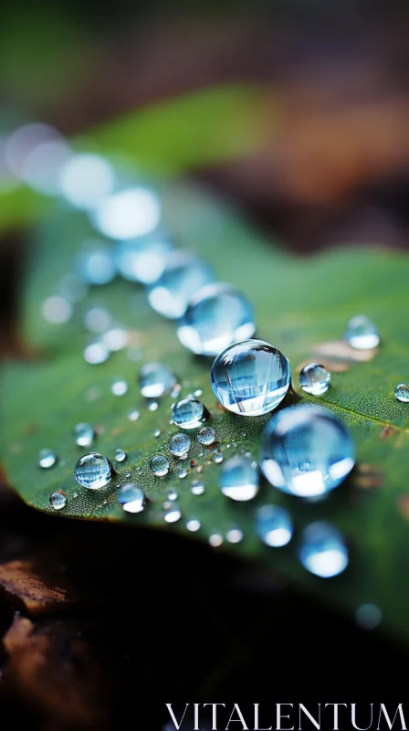 Close-Up Shot of Water Droplets on Leaf in Silver and Aquamarine Hues AI Image