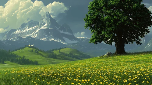 Green Meadow with Mountain View
