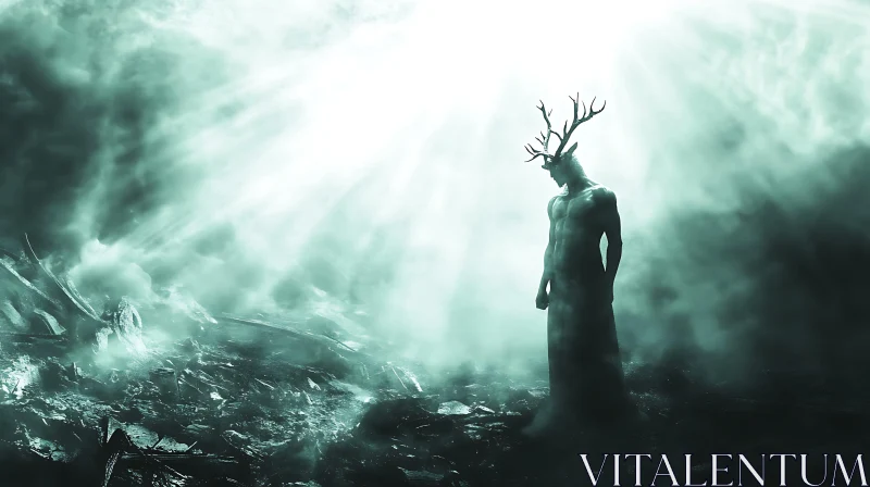 AI ART Ethereal Antlered Character in Foggy Scene