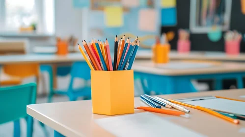 Colorful Pencils in Classroom Setting