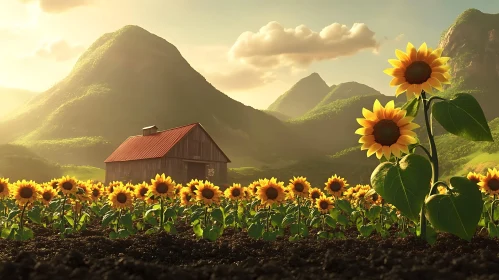 Scenic Sunflower Landscape with Rustic Barn