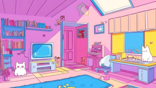 Cartoon Cats in Pink Room