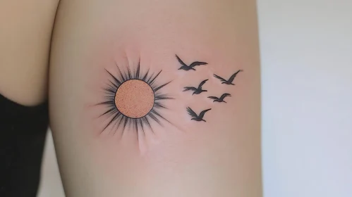 Simple Sun and Flying Birds Ink Art