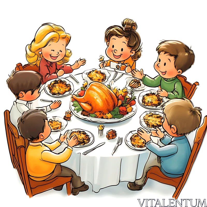 Cartoon Thanksgiving Dinner with Family AI Image