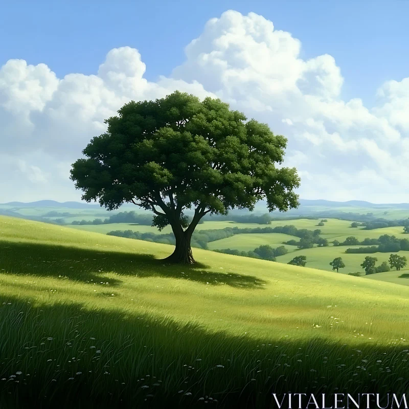 Solitary Tree in Rolling Green Fields AI Image