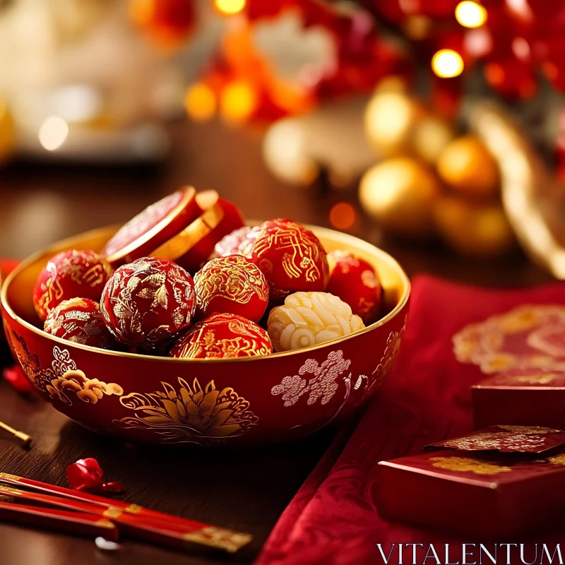 Bowl of Festive Red and Gold Ornaments AI Image