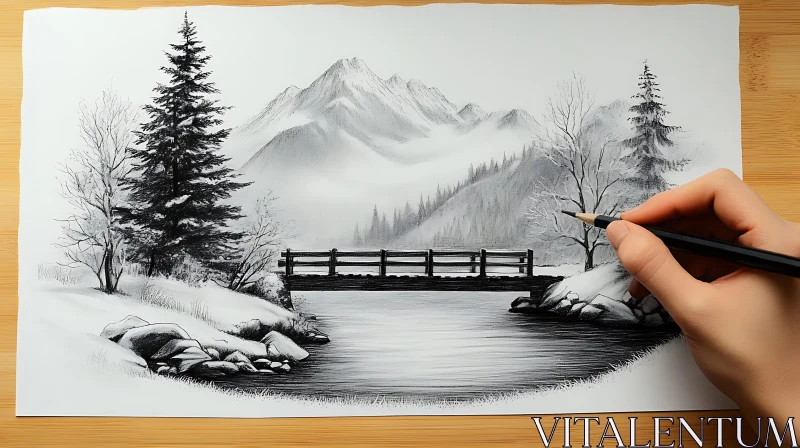 Tranquil Snowy Mountains with Bridge Artwork AI Image