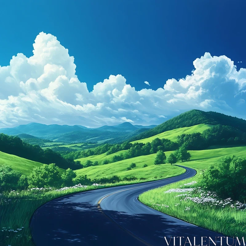 AI ART Winding Road Landscape with Green Hills