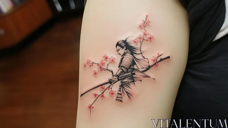 Samurai Warrior with Cherry Blossoms Tattoo AI Image