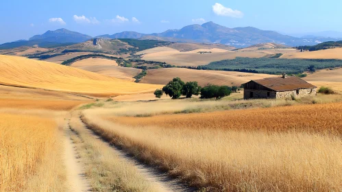 Scenic Field View with Old Farmhouse