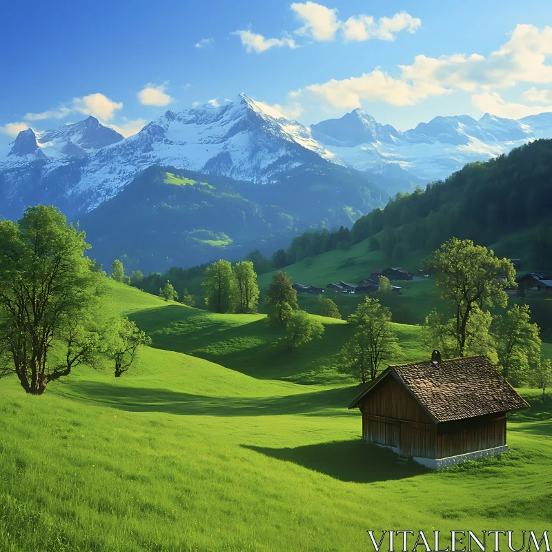 AI ART Scenic Mountain Meadow with Rustic Cabin