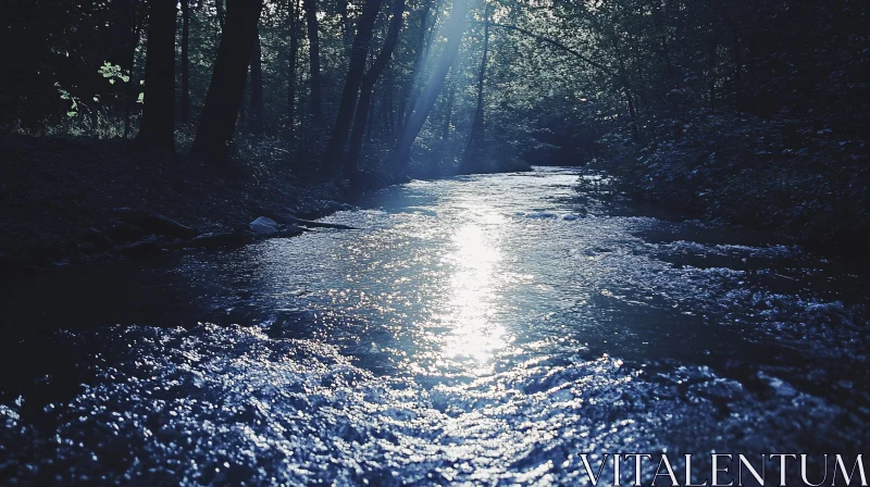 Serene Sunlit River in the Forest AI Image