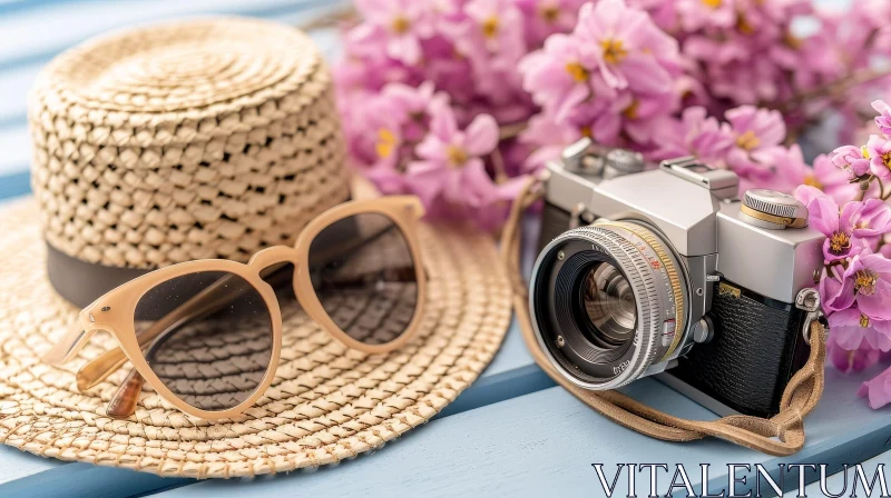 Stylish Fashion Composition with Straw Hat, Sunglasses, and Camera AI Image