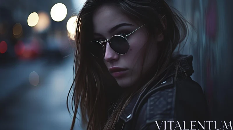 Urban Chic: Confident Young Woman with Brown Hair and Sunglasses AI Image
