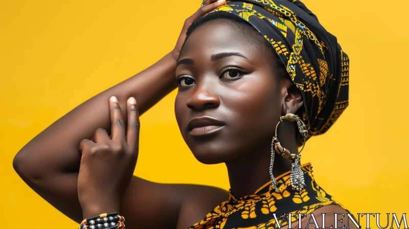 Young African Woman in Yellow and Black Headscarf and Dress AI Image