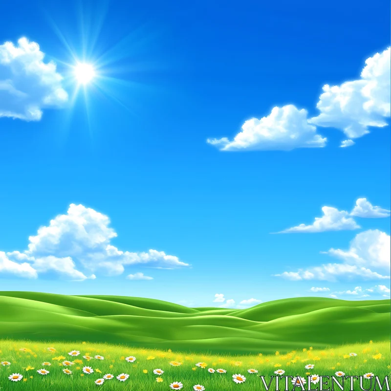 Peaceful Green Landscape with Daisy Field AI Image