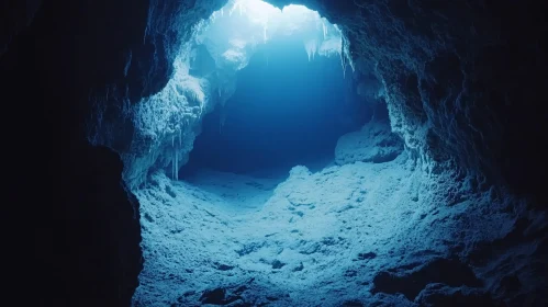 Blue-Lit Underground Cavern with Stalactites