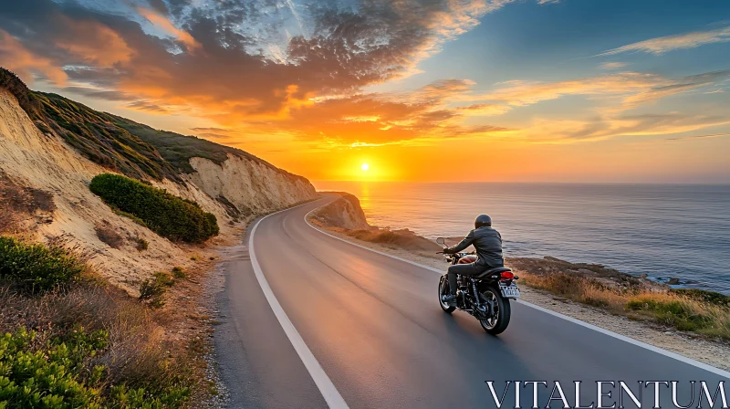 Sunset Motorcycle Adventure by the Sea AI Image