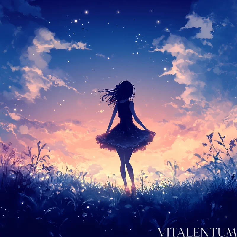 Silhouette in Field Under Pastel Sky AI Image