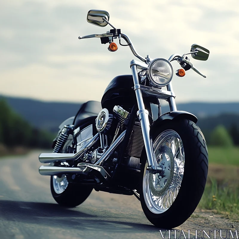 Chrome Motorcycle on a Country Road AI Image