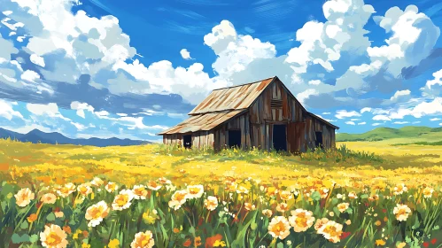 Rustic Barn Amidst Floral Meadow