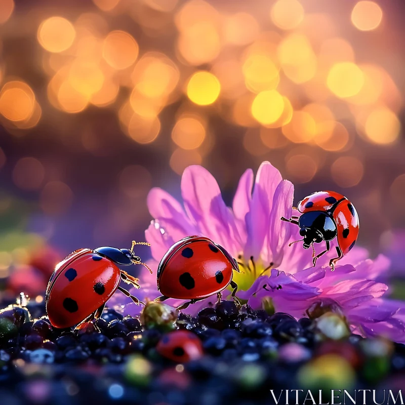 AI ART Ladybugs on Flower with Golden Light