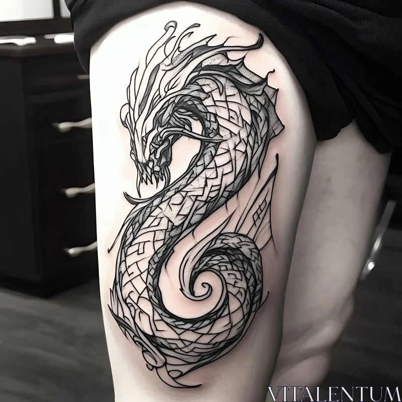 Monochrome Dragon Tattoo Art on Leg AI Image