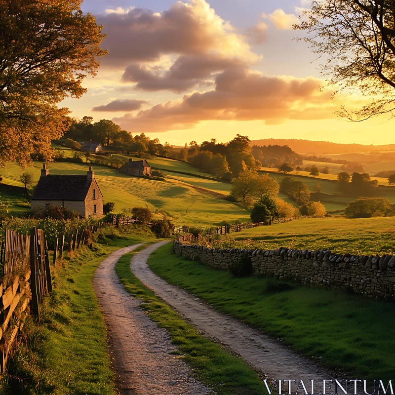 AI ART Rural Landscape with Cottage and Sunset