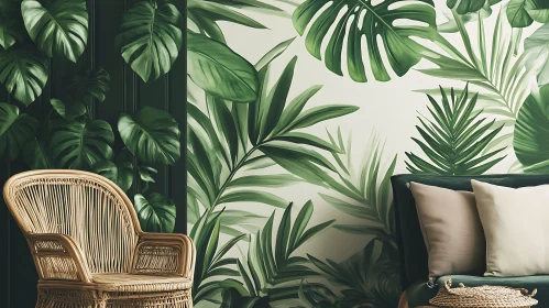 Green Interior with Tropical Plants and Wicker Chair