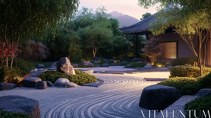 Serene Japanese Garden with Raked Gravel AI Image