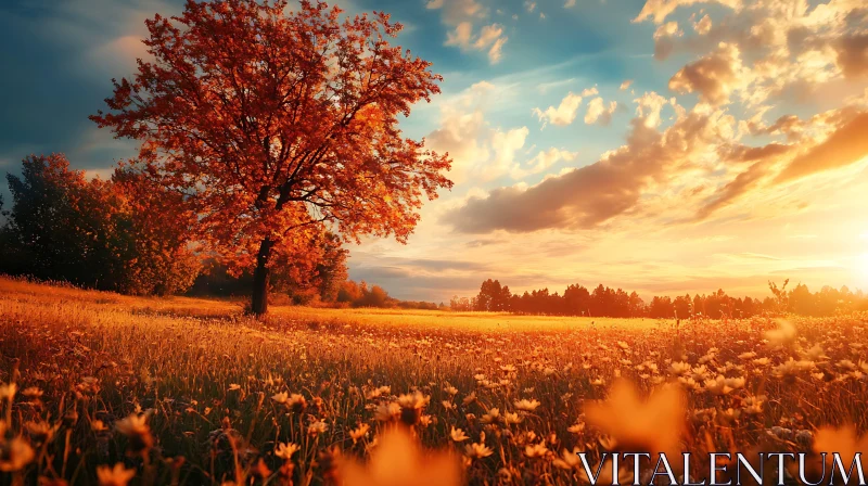 Autumnal Sunset Field Landscape AI Image